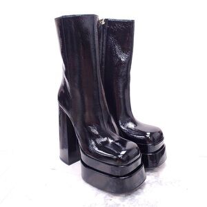 VERSACE | Patent leather side zip designer platform heeled mid calf boot